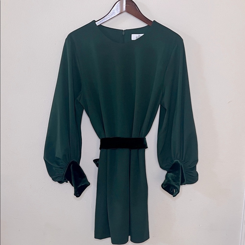 Belle Badgley Mischka Green Velvet Cuff Puff Sleeve Mini Dress Size 12 Holiday